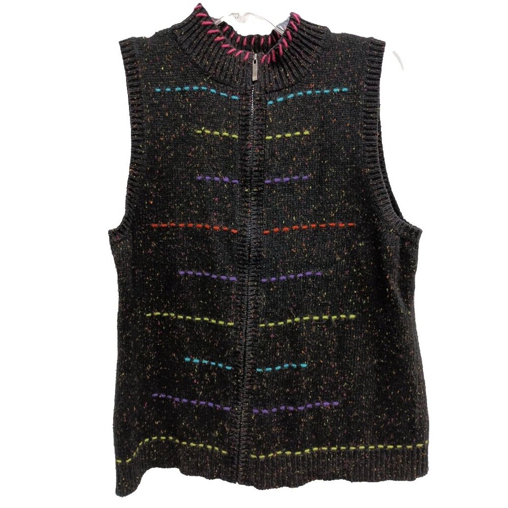 Coldwater Creek Sweater Vest Womens Large Black Embroidered Grandma BOHO